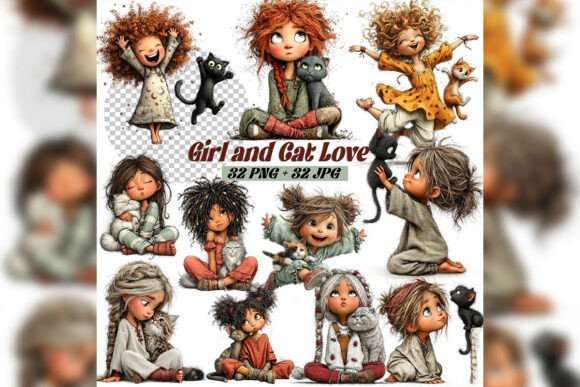 Download Whimsical Girl &amp; Cat Love Clipart Set - Premium Resources
